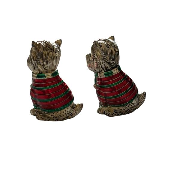 Yorkie Dogs Silver Metal Salt Pepper Shakers Green Red Enamel Sweaters Yorkshire - Picture 6 of 10